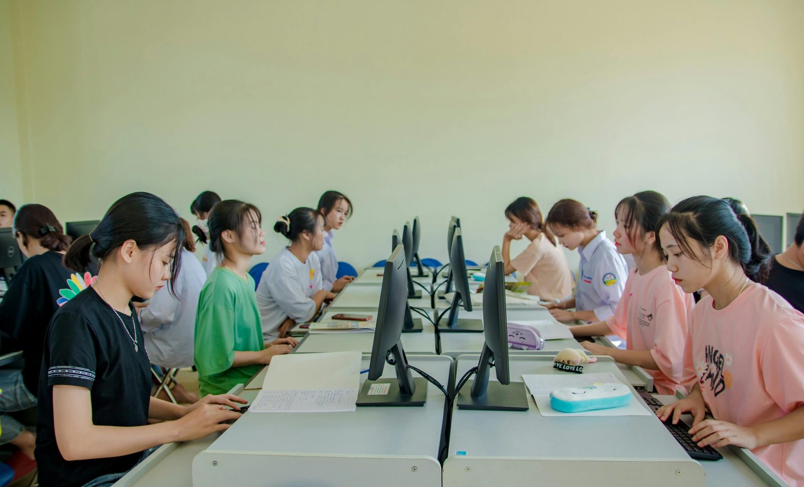 Group of female students studying at computers in a classroom setting.